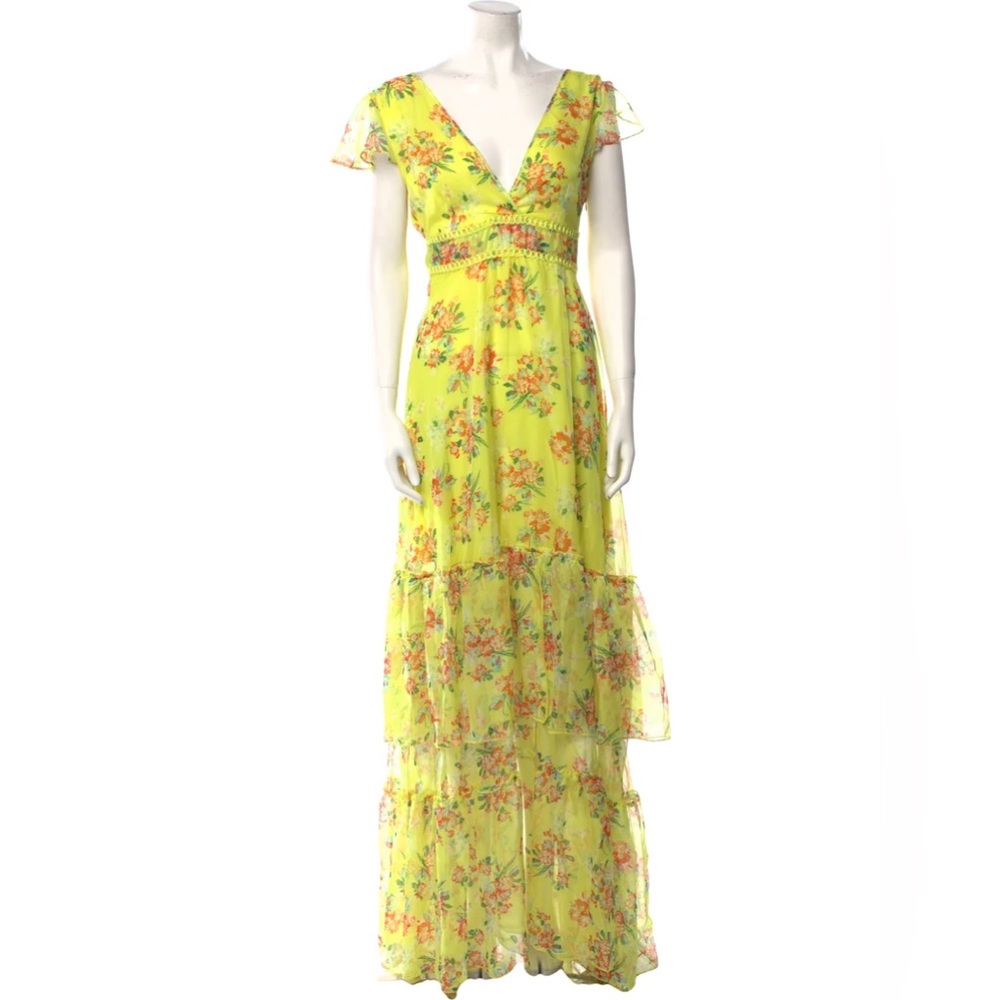 Eywasouls Malibu Yellow Floral Maxi Dress Ruffle Tiered V-Neck Size M